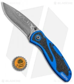 Kershaw Blur Assisted Opening Knife Blue Aluminum (3.375" Damascus) 1670NBDAM -Kershaw Kershaw Blur Assisted Opening Knife Blue Aluminum Damascus 1670NBDAM BHQ 107880 kp bottlecap jr